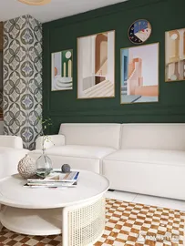 modern living room featuring white sofa and round coffee table with artistic wall decor, showcasing interior design using Homestyler's real-time 3D rendering feature