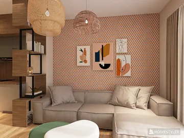 Cozy living room featuring a sectional sofa and artistic wall decor in a modern style, utilizing Homestyler's smart furniture arrangement feature for efficient space optimization.