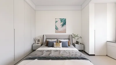 modern bedroom design featuring a cozy bed with styled pillows and minimalist decor, showcasing the capabilities of Homestyler's real-time 3D rendering for an accurate design proposal.