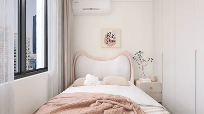 Modern bedroom with a soft pink headboard and natural lighting showcasing a cozy atmosphere, designed using Homestyler's real-time 3D rendering feature for interior decor optimization.