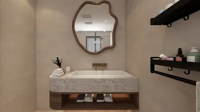 modern bathroom design featuring a unique sink and mirror setup, styled with natural materials and earthy tones, showcasing interior decor optimization with Homestyler's real-time 3D rendering feature