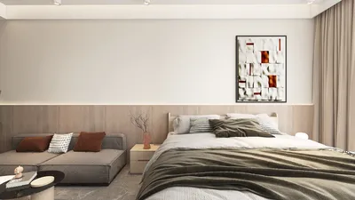 modern bedroom design featuring a cozy bed and a stylish sectional sofa, showcasing a minimalist aesthetic in soft colors, ideal for interior decor inspiration; utilizing Homestyler's real-time 3D rendering for accurate design visualization.