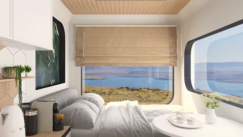 cozy bedroom layout optimizing small space with a minimalist style showcasing a stunning lake view, featuring Homestyler's smart furniture arrangement functionality