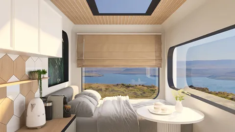 Cozy bedroom featuring a scenic window view, showcasing a modern minimalist design style, emphasizing space efficiency with homestyler's real-time 3D rendering feature.