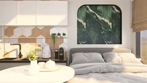 Cozy bedroom with a modern design featuring a green marble accent wall, showcasing a stylish bedding arrangement and an intimate dining setup, optimized for warm and inviting ambiance using Homestyler's real-time 3D rendering.