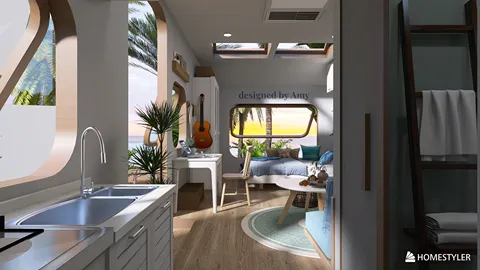 cozy living space with a modern kitchen layout showcasing open-air design and natural lighting using Homestyler's real-time 3D rendering feature