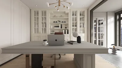 home office design featuring a modern desk setup with a laptop, organized shelves, and stylish lighting in a minimalist style, showcasing interior decor for efficient workspace planning using Homestyler's real-time 3D rendering.