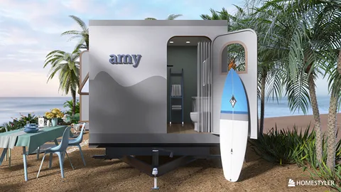 modern beach house with a surfboard in front and outdoor dining space surrounded by palm trees, showcasing a 3D interior design concept with Homestyler's real-time 3D rendering feature.