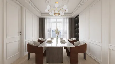 Modern dining room featuring an elegant marble dining table with stylish brown upholstered chairs, enhanced by sophisticated lighting fixtures; ideal for a refined dining experience; showcasing Homestyler's real-time 3D rendering feature.