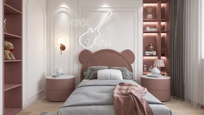 children's bedroom featuring a bear-themed headboard and a rock and roll neon sign, designed in a modern aesthetic, showcasing the interior decor optimization feature of Homestyler.