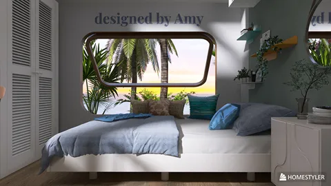 Cozy bedroom with a large window showcasing a tropical view, featuring a light blue bedspread and decorative pillows in a modern coastal style, optimized using Homestyler's smart furniture arrangement for maximizing small space.
