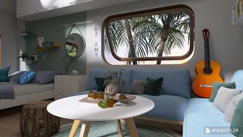 Cozy living room featuring a blue sectional sofa with accents, arranging decor items and snacks on a modern round coffee table, designed in a tropical style to enhance the indoor space with Homestyler's real-time 3D rendering.