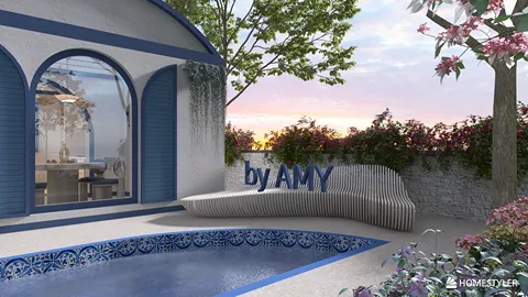 outdoor seating area featuring a modern curved bench and a decorative pool, designed in a contemporary style, showcasing homestyler's real-time 3D rendering capability.