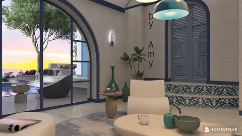 Modern living room with a comfortable seating arrangement and decorative plants, featuring coastal style and soft color palette, showcasing Homestyler's smart furniture layout for optimized interior design.