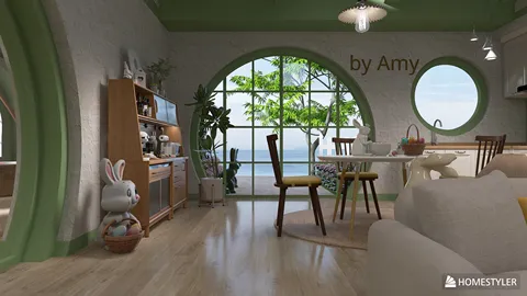 cozy living area featuring a charming bunny figurine and a dining set with wooden chairs, showcasing a minimalist style while optimizing small space layout with Homestyler's real-time 3D rendering.