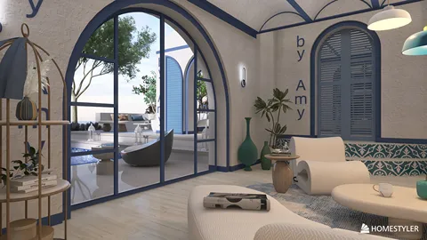 Modern living room with cozy furniture and a view through large glass doors, featuring a beach-themed interior design showcasing natural light and a calming color palette, utilizing Homestyler's real-time 3D rendering to preview the decor.