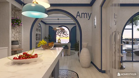 Bright kitchen interior with a central island and decorative plants, featuring a coastal design style that enhances relaxation; showcasing Homestyler's real-time 3D rendering for instant design previews.