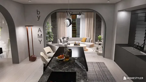 modern living room design featuring an open layout with a sleek kitchen and cozy seating area, showcasing a contemporary aesthetic and optimized for interior decor using Homestyler's real-time 3D rendering feature.