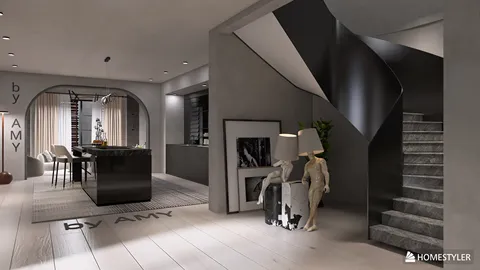 Modern entrance hall featuring a sleek staircase and contemporary decor with a unique sculpture, designed using Homestyler's real-time 3D rendering feature for interior decor optimization.