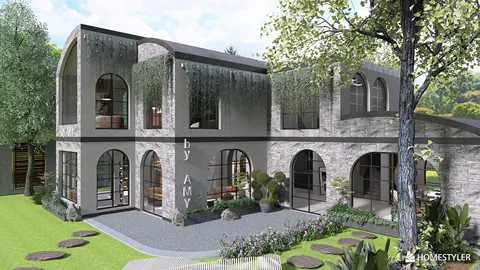 modern house exterior design featuring arched windows and stone facade with lush landscaping creating an inviting outdoor space, showcasing Homestyler's real-time 3D rendering capability.
