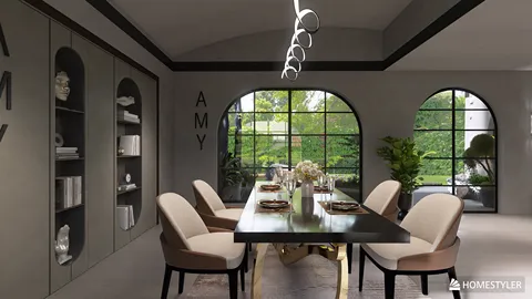 modern dining room design featuring a sleek table arrangement with elegant chairs, enhanced by a contemporary style and a focus on maximizing space value, using Homestyler's real-time 3D rendering functionality for accurate space visualization.