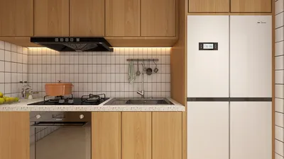 modern kitchen with wooden cabinets and white appliances featuring a sleek design, showcasing interior decor optimization with Homestyler's real-time 3D rendering for an effective renovation preview