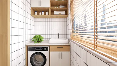modern laundry space featuring a washing machine and sink arrangement, designed with a minimalist style emphasizing functionality, showcasing interior decor optimization using Homestyler's real-time 3D rendering