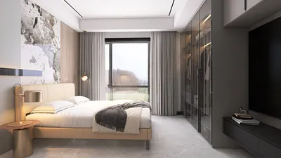 modern bedroom design featuring a cozy bed arrangement with elegant decor in a contemporary style, showcasing a serene ambiance and optimized space with Homestyler's real-time 3D rendering feature.