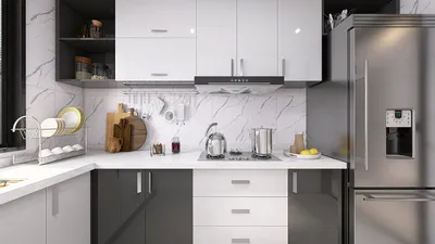 modern kitchen design featuring sleek cabinets and marble countertops with efficient space utilization through smart furniture arrangement, highlighting Homestyler's real-time 3D rendering for seamless design visualization.