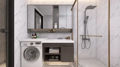 modern bathroom featuring a laundry area and a sleek shower design with marble accents, illustrating efficient space utilization with Homestyler's real-time 3D rendering functionality.