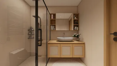 Modern bathroom design featuring a sleek shower, minimalist cabinetry, and integrated storage, utilizing Homestyler's real-time 3D rendering for an accurate visualization of interior decor.