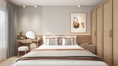 Bedroom design showcasing a cozy atmosphere with a wooden bed and decorative accents, featuring interior decor elements like a stylish mirror and textured walls, utilizing Homestyler's real-time 3D rendering for effective design preview.