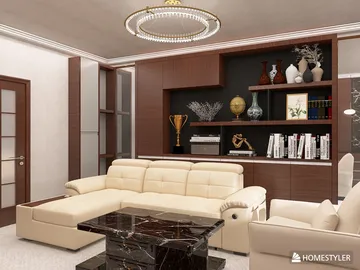 Spacious living room featuring a modern sectional sofa arrangement with a black marble coffee table, showcasing a contemporary design style that optimizes space for comfort and functionality, using Homestyler's real-time 3D rendering.
