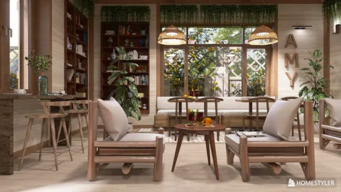 cozy lounge area showcasing smart furniture arrangement in a modern rustic style with natural light, emphasizing Homestyler's real-time 3D rendering feature for interior design visualization.