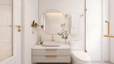bathroom design showcasing elegant fixtures and modern layout featuring a round mirror, gold accents, and minimalist cabinetry, focusing on interior decor with Homestyler's real-time 3D rendering feature.