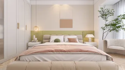 a modern bedroom design featuring a cozy bed with soft linens and a minimalist aesthetic, showcasing smart furniture arrangement for small spaces using Homestyler's intelligent furniture layout feature.