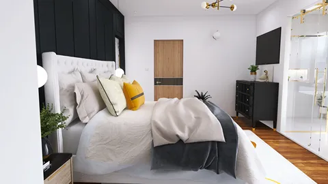 modern bedroom design showcasing a cozy bed with textured bedding and decorative pillows, emphasizing a minimalist style that enhances comfort in the space, featuring Homestyler's smart furniture arrangement.