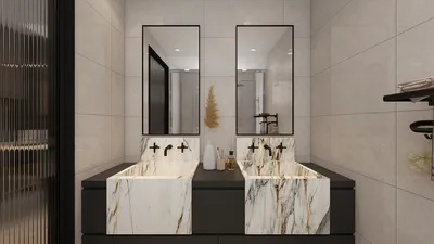 Elegant marble sinks with black fixtures adding a modern touch to a contemporary bathroom design, showcasing interior decor optimization using Homestyler's real-time 3D rendering feature.