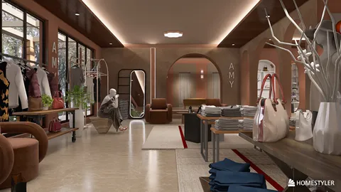 fashion boutique interior design showcasing merchandise layout in modern contemporary style, utilizing Homestyler's real-time 3D rendering feature for instant remodeling preview.