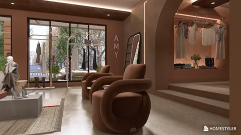 modern lounge chairs in a stylish boutique interior design showcasing a warm color palette and optimized space with immersive 3D rendering capabilities from Homestyler.