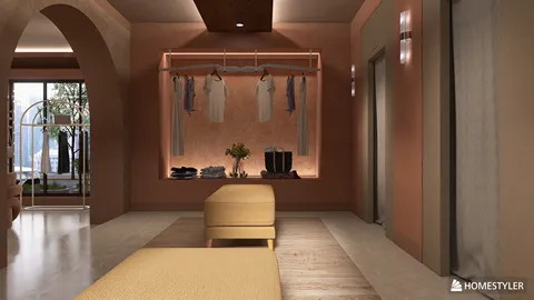 modern dressing room showcasing efficient furniture arrangement in warm tones, enhancing spatial value with Homestyler's real-time 3D rendering feature.