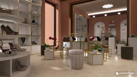 shoe display area featuring elegant footwear arrangement in a modern retail store design, showcasing the use of Homestyler's real-time 3D rendering for immersive shopping experiences.