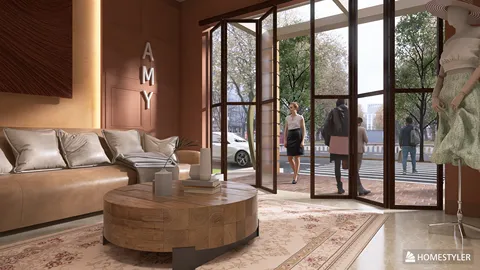 Living room with a cozy sofa arrangement and a wooden coffee table, showcasing a modern design style, highlighting interior decor ideas with Homestyler's real-time 3D rendering.