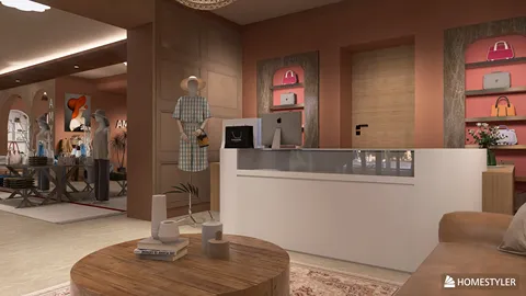 modern reception area with a sleek white desk and stylish decor, designed using Homestyler's real-time 3D rendering feature for an interior design visualization.