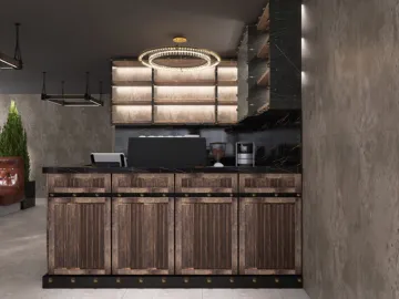 Wooden kitchen cabinetry with modern lighting and sleek countertops in a contemporary kitchen design, showcasing Homestyler's real-time 3D rendering feature for interior decor.