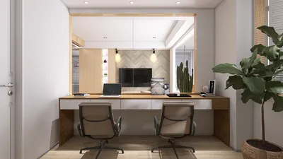 modern home office setup with dual workstations, enhancing productivity in a minimalist style, featuring smart furniture arrangement using Homestyler's intelligent layout function