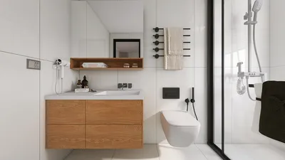 modern bathroom with minimalist design featuring wood cabinetry and sleek fixtures, showcasing interior decor optimization using Homestyler's real-time 3D rendering for effective renovation proposals.