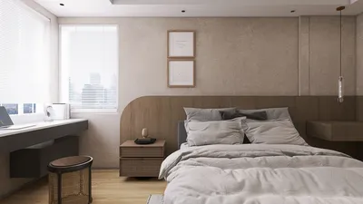 Cozy bedroom with a modern design showcasing a bedding arrangement, featuring sustainable materials and a calming color palette, optimizing interior space using Homestyler's real-time 3D rendering feature.