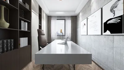 modern workspace design featuring a sleek desk and comfortable chair with a minimalist aesthetic, showcasing the Homestyler feature of real-time 3D rendering for efficient interior decor planning.