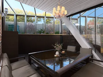 modern sunroom design featuring a wooden table and armchairs arranged for relaxation with large windows allowing natural light, showcasing Homestyler's real-time 3D rendering capability to visualize the space.